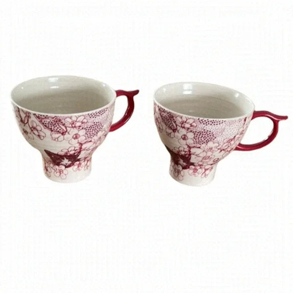 Anthropologie Cat & Cherry Blossom Flower Large Oversized Mug - Set Of 2 - Picture 1 of 7